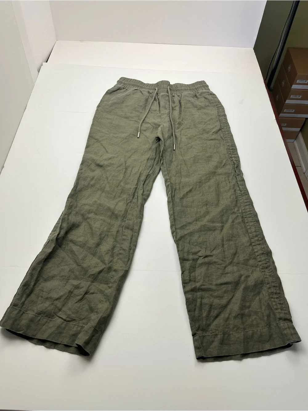 Quince 100% European Linen Wide Leg Pants Bayberry Green Womens Small Pull-on